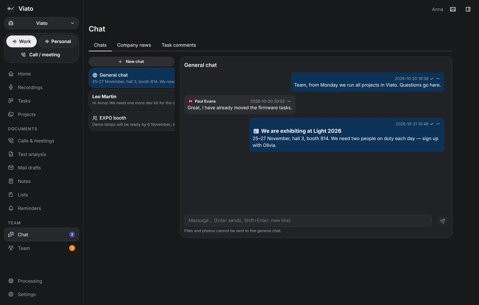 Team chat next to tasks in Viato