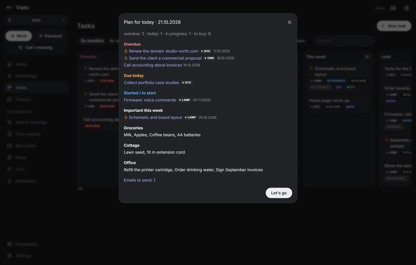 Daily plan in the Viato AI task tracker: overdue tasks, today, reminders and shopping lists