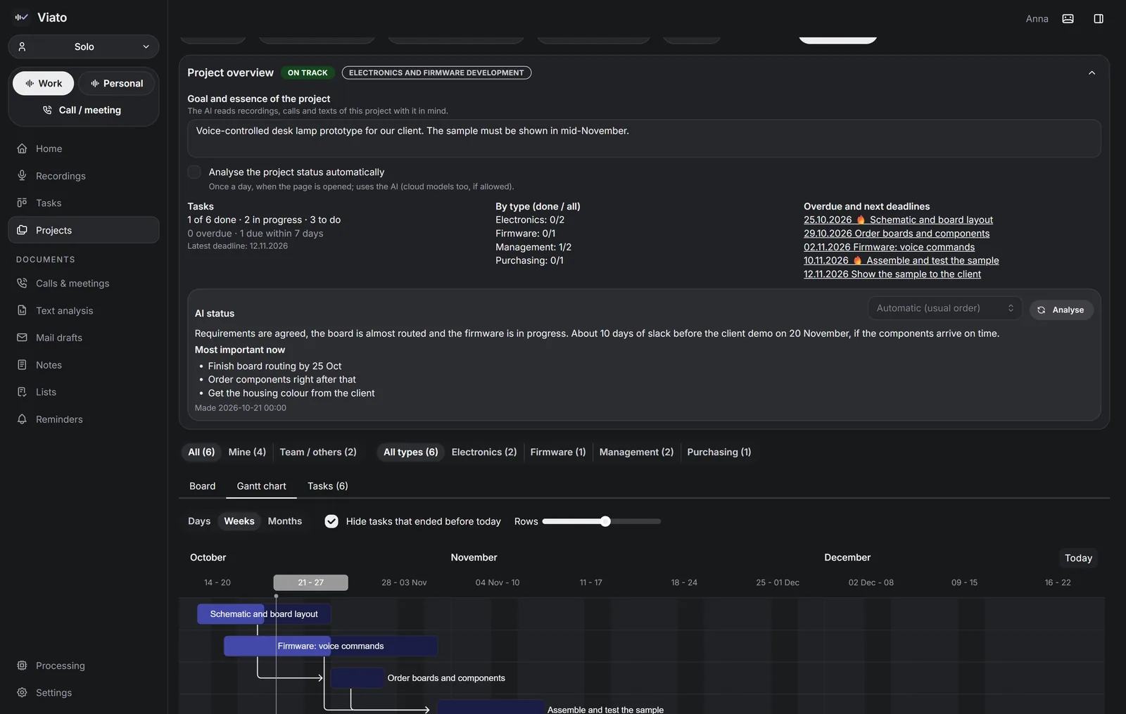 Project overview in Viato: AI assessment, upcoming deadlines and a Gantt chart